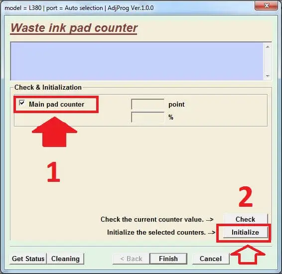 Epson-L380-resetter-step-five-Tick-on-Main-pad-counter-&-click-on-Initialize-button